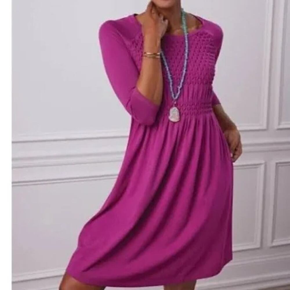 NWT Soft Surroundings Women's Sylvie Smocked Fit & Flare Dress Fuchsia Size M
